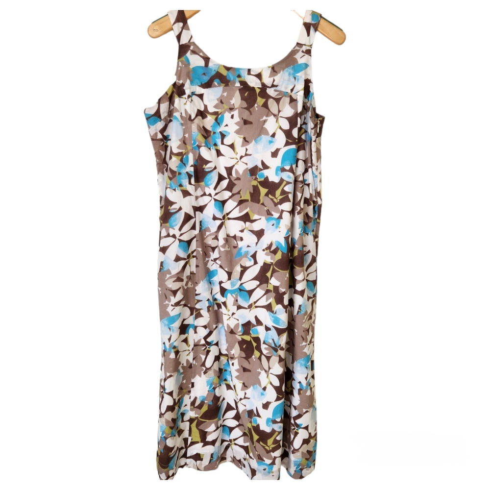 J. Jill Midi Dress Summer Floral Print Straps Blue Aqua Brown White 16 Petite